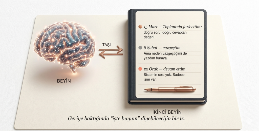Beyin ve not defteri görseli — ikinci beyin sistemi ile düşünce takibi kavramını temsil ediyor