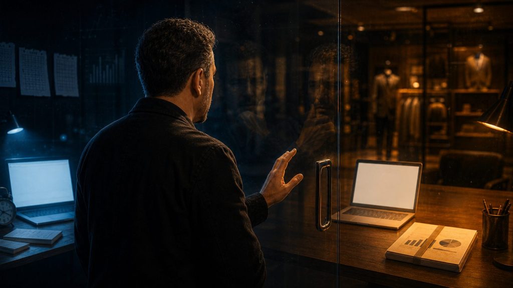 Direnç: laptopun başında oturan ama harekete geçemeyen bir yönetici, mağazaya sırtı dönük